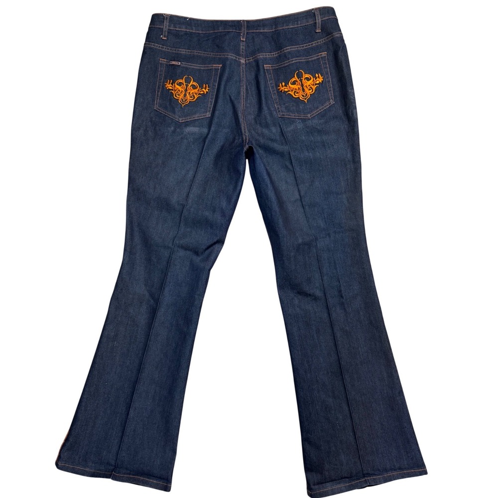 Vintage Y2K Crest Jean 19/20 Flare Leg Dark Wash Orange Piping Embroidered 38x34